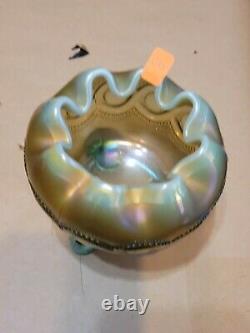 Northwood Aqua Opalescent Carnival Glass Beaded Cable Rose Bowl