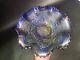 Northwood Blue Embroidered Mums Carnival Glass Ruffled Bowl. Excellent