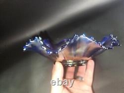 Northwood Blue Embroidered Mums Carnival Glass Ruffled Bowl. Excellent