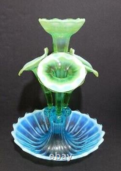 Northwood Blue Green Opalescent Wide Panel Four Horn Glass Epergne Stunning Rare