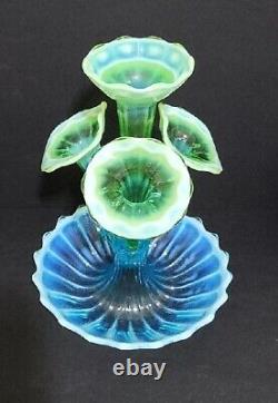 Northwood Blue Green Opalescent Wide Panel Four Horn Glass Epergne Stunning Rare