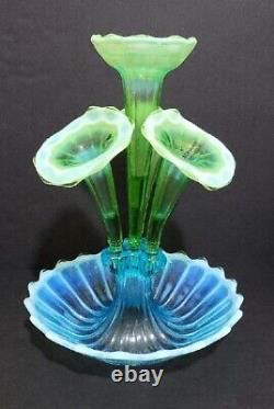 Northwood Blue Green Opalescent Wide Panel Four Horn Glass Epergne Stunning Rare