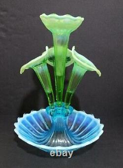 Northwood Blue Green Opalescent Wide Panel Four Horn Glass Epergne Stunning Rare