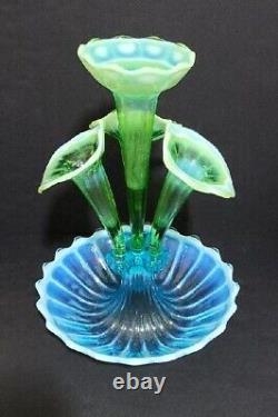 Northwood Blue Green Opalescent Wide Panel Four Horn Glass Epergne Stunning Rare