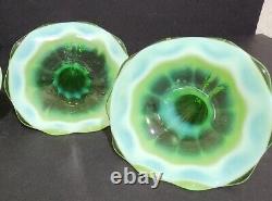 Northwood Blue Green Opalescent Wide Panel Four Horn Glass Epergne Stunning Rare