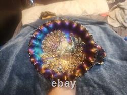 Northwood Carnival Glass Electric Purple Peacocks Pie Crust Edge Bowl. Excellent