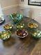 Northwood Carnival Glass Iridescent Green 1940s Singing Bird 7piece Set