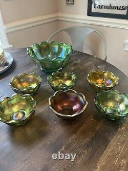 Northwood Carnival Glass Iridescent Green 1940s Singing Bird 7piece Set