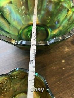 Northwood Carnival Glass Iridescent Green 1940s Singing Bird 7piece Set