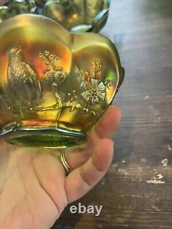 Northwood Carnival Glass Iridescent Green 1940s Singing Bird 7piece Set