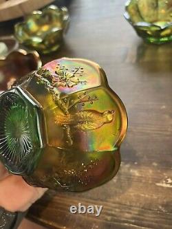 Northwood Carnival Glass Iridescent Green 1940s Singing Bird 7piece Set