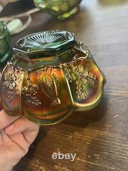 Northwood Carnival Glass Iridescent Green 1940s Singing Bird 7piece Set