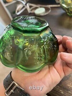 Northwood Carnival Glass Iridescent Green 1940s Singing Bird 7piece Set