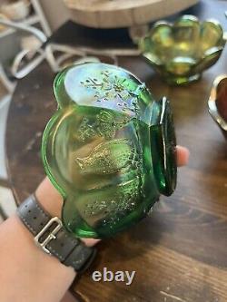 Northwood Carnival Glass Iridescent Green 1940s Singing Bird 7piece Set