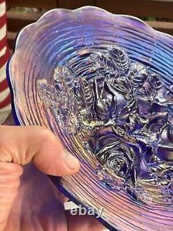 Northwood Carnival Glass Rose Show Scalloped Plate Blue Gold Purple Iridescent