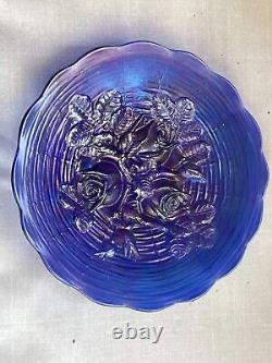 Northwood Carnival Glass Rose Show Scalloped Plate Blue Gold Purple Iridescent