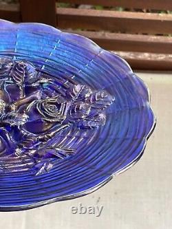 Northwood Carnival Glass Rose Show Scalloped Plate Blue Gold Purple Iridescent