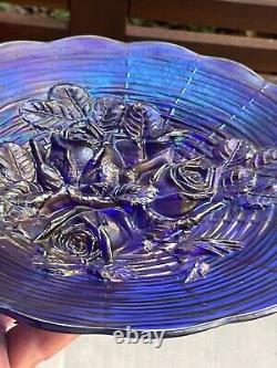 Northwood Carnival Glass Rose Show Scalloped Plate Blue Gold Purple Iridescent