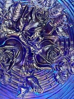 Northwood Carnival Glass Rose Show Scalloped Plate Blue Gold Purple Iridescent