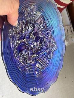 Northwood Carnival Glass Rose Show Scalloped Plate Blue Gold Purple Iridescent