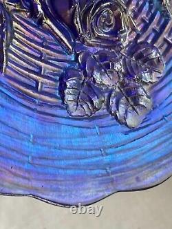 Northwood Carnival Glass Rose Show Scalloped Plate Blue Gold Purple Iridescent