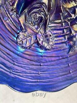 Northwood Carnival Glass Rose Show Scalloped Plate Blue Gold Purple Iridescent