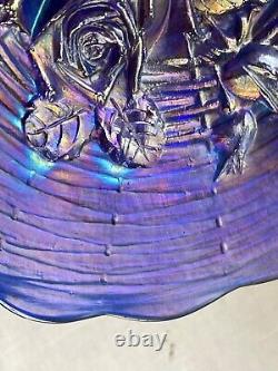 Northwood Carnival Glass Rose Show Scalloped Plate Blue Gold Purple Iridescent