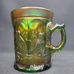 Northwood Carnival Green Glass Singing Birds Mug Iridescent Vintage Cup