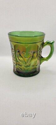 Northwood Carnival Green Glass Singing Birds Mug Iridescent Vintage Cup