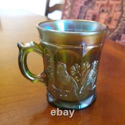 Northwood Carnival Green Glass Singing Birds Mug Iridescent Vintage Cup