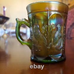 Northwood Carnival Green Glass Singing Birds Mug Iridescent Vintage Cup