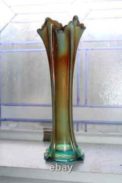 Northwood Glass Vase Aqua Opalescent Four Pillars Carnival Glass