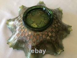 Northwood Grape and Cable Carnival Glass Stippled Green Bowl Ruffled Rim