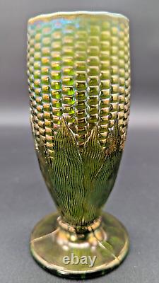 Northwood Green Carnival Glass Corn Cob Vase 6.5 Tall Cupped Top