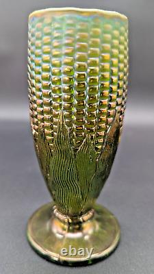 Northwood Green Carnival Glass Corn Cob Vase 6.5 Tall Cupped Top