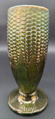 Northwood Green Carnival Glass Corn Cob Vase 6.5 Tall Cupped Top