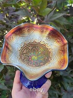 Northwood Hearts And Flowers Compote Blue Carnival Glass exceptional iridescence