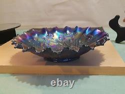 Northwood Iridescent Good Luck Bowl Cobalt Blue Carnival Glass 8.5 Made 1900s