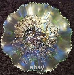 Northwood Peacocks On The Fence Ice Green Carnival Glass 8 Ruffle Bowl Color