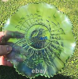 Northwood Peacocks On The Fence Ice Green Carnival Glass 8 Ruffle Bowl Color