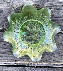 Northwood Peacocks On The Fence Ice Green Carnival Glass 8 Ruffle Bowl Color