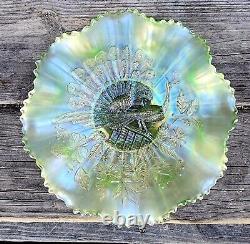 Northwood Peacocks On The Fence Ice Green Carnival Glass 8 Ruffle Bowl Color