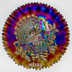 Northwood Peacocks on Fence Carnival Glass Bowl 8.5 Fiery Amethyst Basket Weave