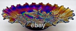 Northwood Peacocks on Fence Carnival Glass Bowl 8.5 Fiery Amethyst Basket Weave