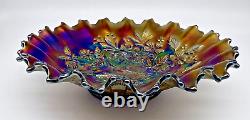 Northwood Peacocks on Fence Carnival Glass Bowl 8.5 Fiery Amethyst Basket Weave