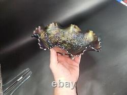 Northwood Purple Embroidered Mums Carnival Glass Ruffled Bowl. Excellent