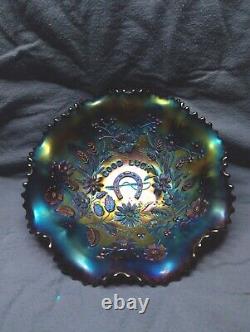 Northwood Purple GOOD LUCK Carnival Glass Ruffled Bowl. Excellent Condition