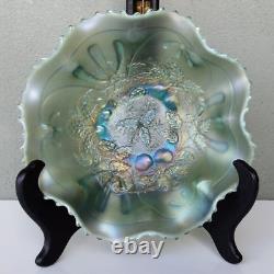 Northwood Three Fruits Antique Aqua Opalescent Carnival Glass Footed Bowl