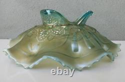 Northwood Three Fruits Antique Aqua Opalescent Carnival Glass Footed Bowl