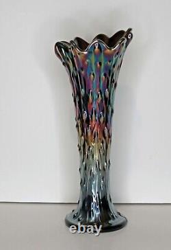 Northwood Tree Trunk Black Amethyst Carnival Glass Swung Vase 10-3/4 Iridescent